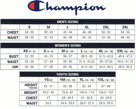 Champion Size Chart