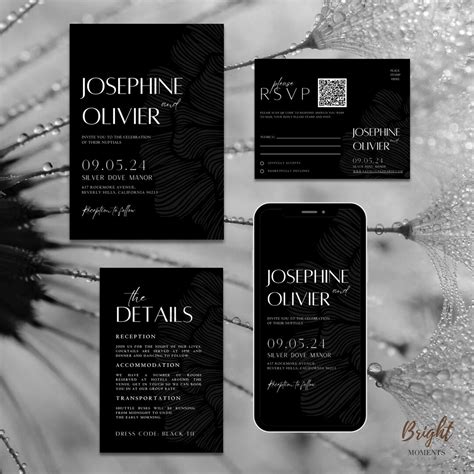 Black and White Floral QR Code Wedding Invitation Template - Etsy
