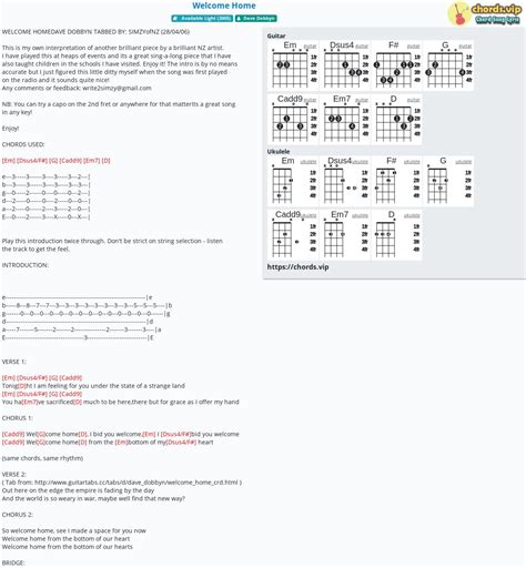 Chord: Welcome Home - Dave Dobbyn - tab, song lyric, sheet, guitar ...