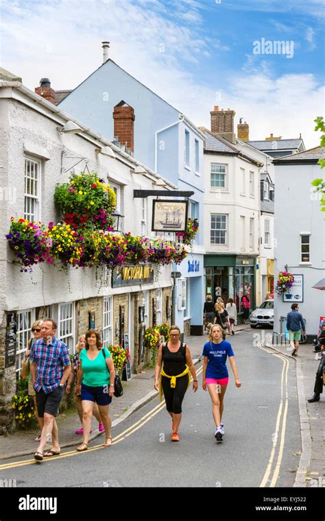 Shops on Fore Street in the town centre, Salcombe, Devon, England, UK ...