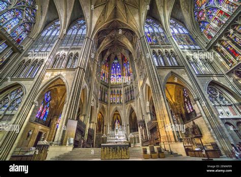 interior of Metz cathedral, looking across the transept to the choir ...