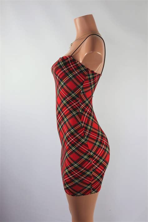 Ally Dress - Plaid square neck sexy red mini dress with spaghetti straps.