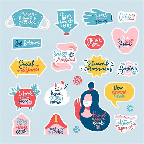 Premium Vector | Coronavirus COVID-19 prevention measures sticker set. Lettering quotes. Flat ...