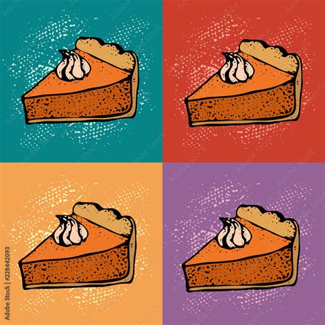 Pop art Pumpkin pie with cream background. Hand drawn sketch of the pie ...