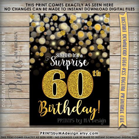 Surprise Birthday Invitation 60th Black & Gold Glitter Bokeh 60th B-day Turning Sixty Invite ...