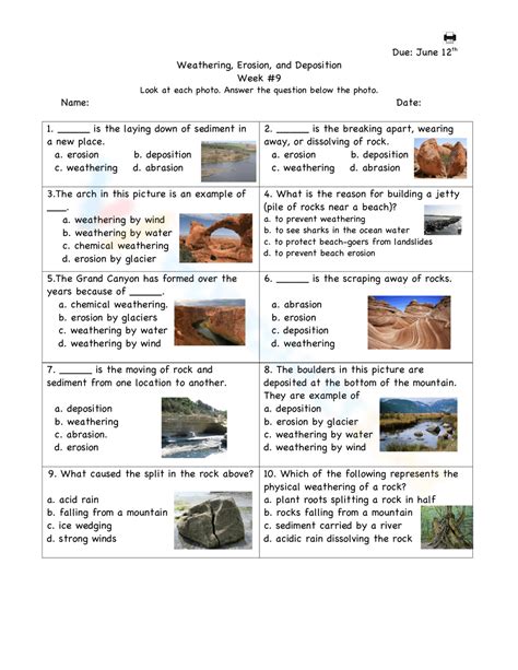 Free Printable Weathering Erosion and Deposition Worksheet