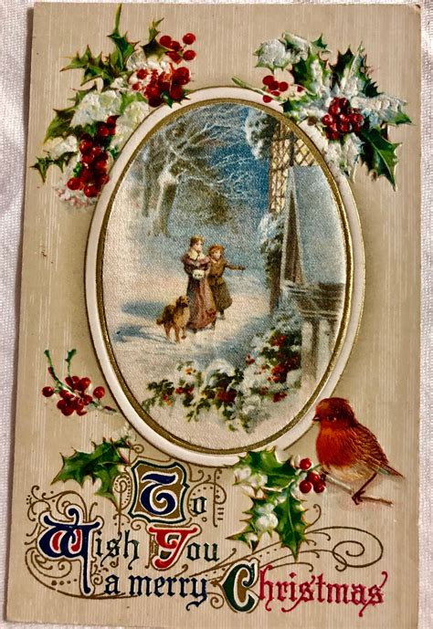 Vintage Christmas Postcard Couple in the Snow with Dog and Red Cardinal