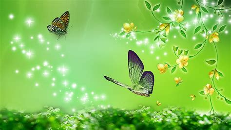 Summer Green, stars, grass, shine, butterflies, spring, sparkle, green ...