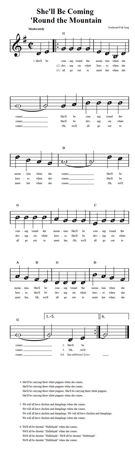 She'll Be Coming 'Round the Mountain: Beginner Sheet Music with Chords ...