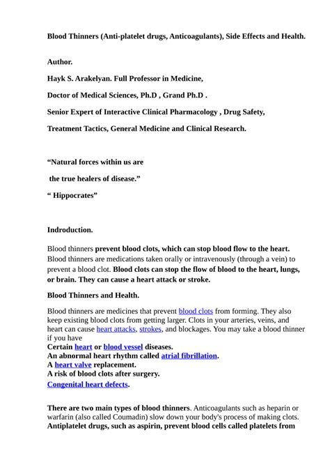 (PDF) Blood Thinners (Anti-platelet drugs, Anticoagulants), Side Effects and Health