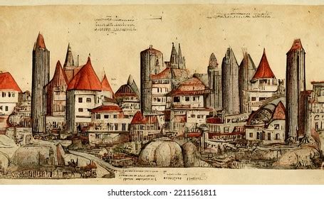 Medieval Drawing Landscape Medieval City Castle Stock Illustration 2211561811 | Shutterstock