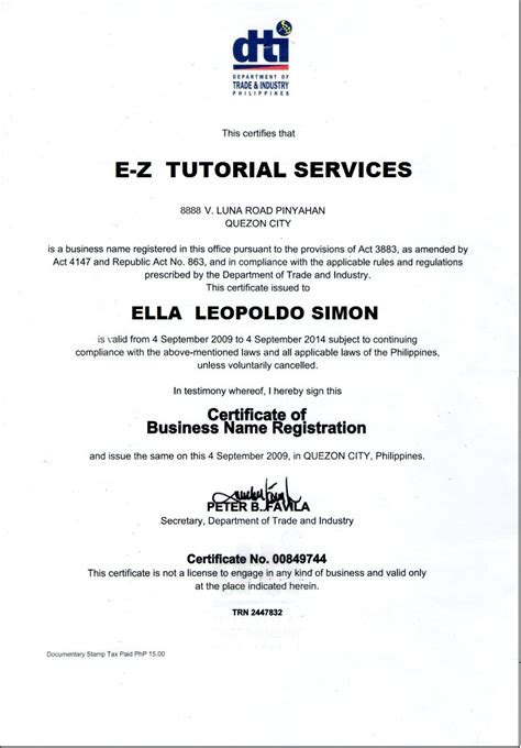 WBBBB Accounting & Management Services: DTI Business Name Certification Sample