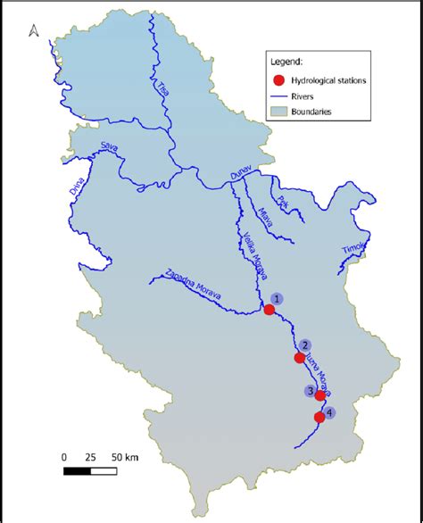 Geographical position of the South Morava River and four hydrological ...