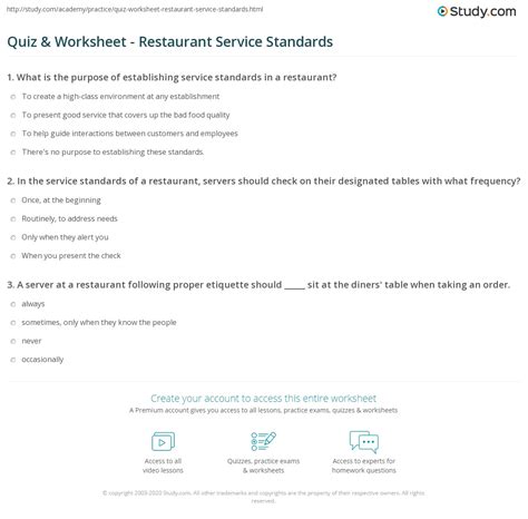 Quiz & Worksheet - Restaurant Service Standards | Study.com