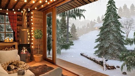 Winter Cozy Cabin in Snowfall with Crackling Fireplace Sound, Relaxing Wind & Snow Falling ...