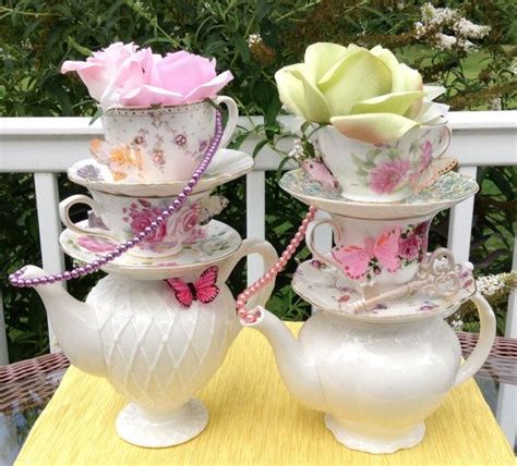 Pair of Two Stacked Teapot & Teacup by EdieSChicCrafts on Etsy | Tea party centerpieces, Tea cup ...