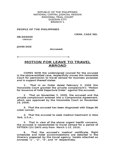 Motion to Travel Sample | Judiciaries | Government