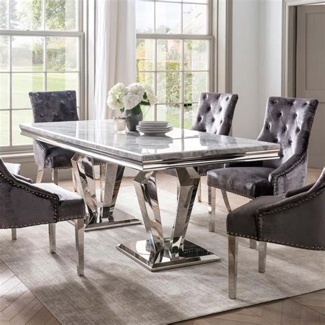 Ernest 6 Person Wide Dining Table Stainless Steel & Marble Top - Dining Tables - Meubles