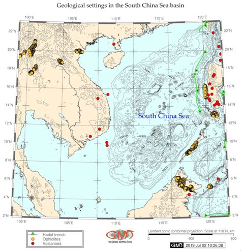 Geologic map of the South China Sea: location of the volcanoes ...