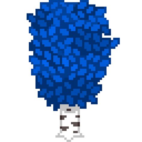 An 8-bit retro-styled pixel-art illustration of a birch tree with vibrant dark blue leaves ...