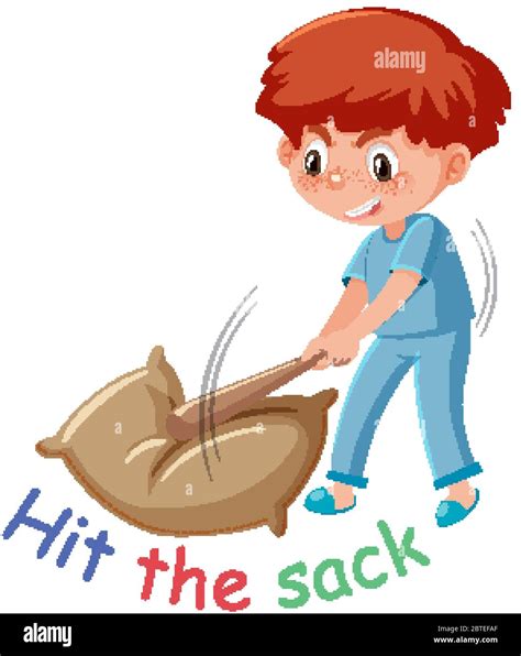 English idiom with picture description for hit the sack on white background illustration Stock ...