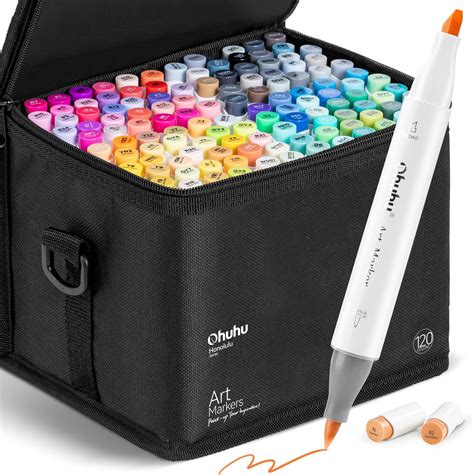 120-Color Alcohol Brush Marker Set, Ohuhu Dual Tip, Brush & Chisel, Sketch Marker, Alcohol-Based ...