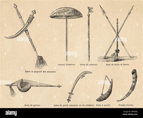 Traditional weapons and utensils Dahomey tribes, Central Africa, Old 19th century engraved ...