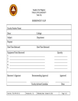 Borrower'S Slip - Tarlac State University Doc Template | pdfFiller