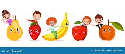 Funny Flat Cartoon Happy Yummy Fruits and Kids Icons Clip Art Vector ...