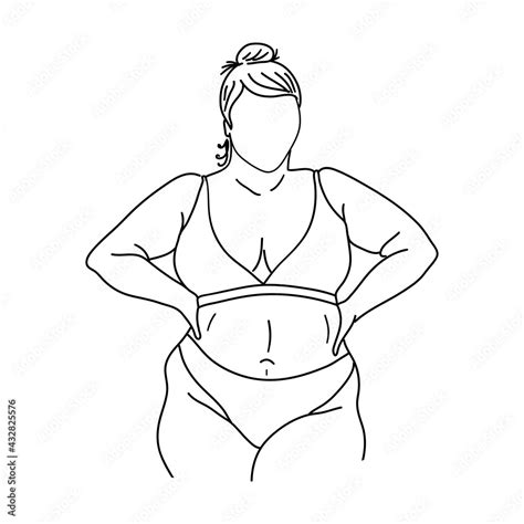 Fat woman in bikini or underwear. Obese girl outline sketch. Body positive, overweight, plus ...