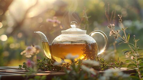 Herbal Tea Steeping in Glass Teapot Under Sunlight Tranquil Tea Time: Glass Teapot with Natural ...