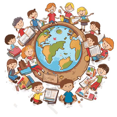 Inclusive Education Vector, Sticker Clipart Kids On Globe With Book And Pencil Around Cartoon ...