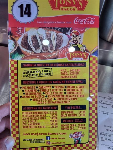 Menu at TONY'S TACOS restaurant, Monterrey, Carr Nacional km 263