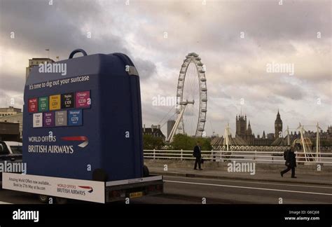 The world's largest suitcase drives past the London Eye to promote British Airways' New World ...