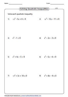 Quadratic Inequalities Worksheets