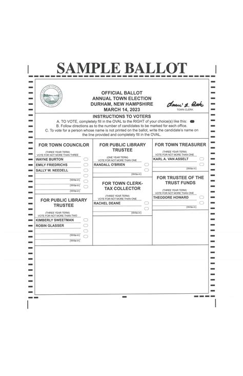 Town of Durham New Hampshire - Sample Ballot - Town Election 2023 - Voting hours: 7:00 AM to 7: ...