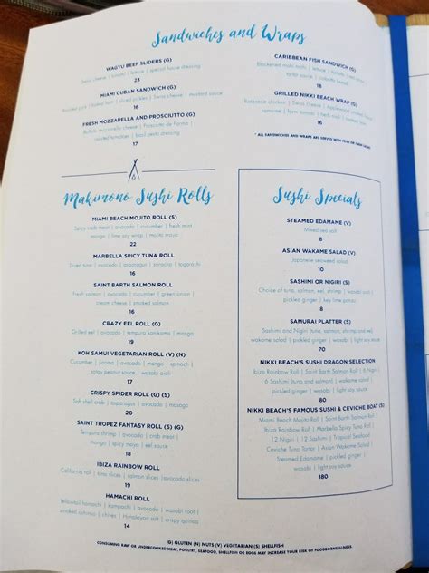 Menu at Nikki Beach Miami restaurant, Miami Beach, 1 Ocean Dr