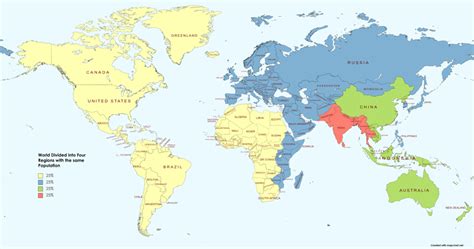 Map showing World Divided into Four Regions with the same Population