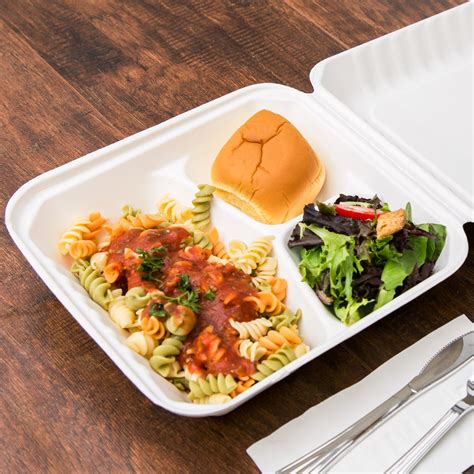 EcoChoice 9" x 9" x 3" Biodegradable, Compostable Sugarcane / Bagasse 3 Compartment Takeout ...