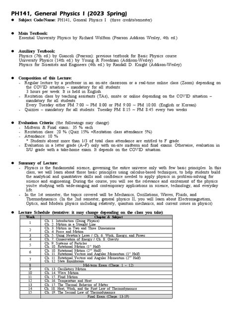 Syllabus - Physics 1 | PDF | Momentum | Physics