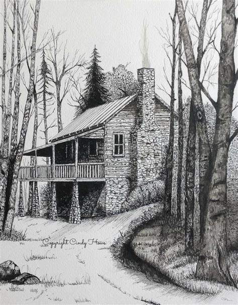 Log Cabin Print Country Cabin Landscape Cabins Pen and - Etsy ...