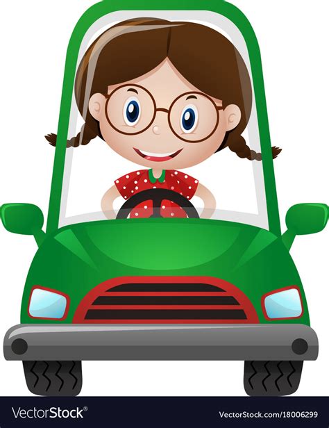 Happy girl driving green car Royalty Free Vector Image