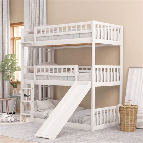 Harper & Bright Designs White Twin Triple Bunk Bed with Built-in Ladder and Slide LP000051AAK ...