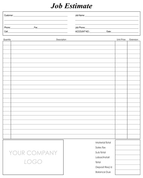 Free Printable Estimate Forms