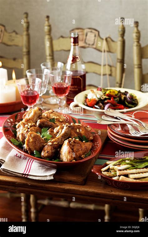 Spanish table setting with traditional food Stock Photo - Alamy