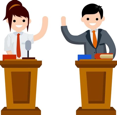 Presidential debate. Dialogue between man and woman behind the podium ...