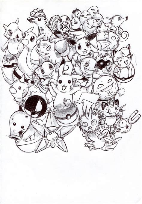 A black-and-white Pokémon sketch. Quite a lot of unevolved Kanto ...