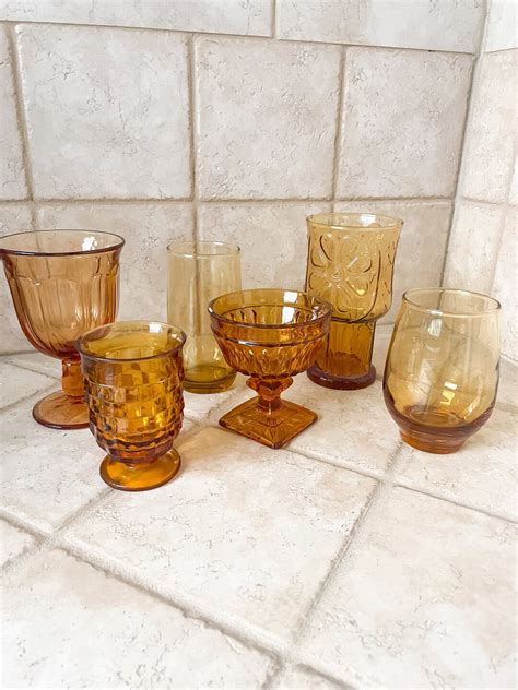 Curated Set of Amber Glassware Amber Glass Bar Cart Set of Vintage Amber Glass - Etsy