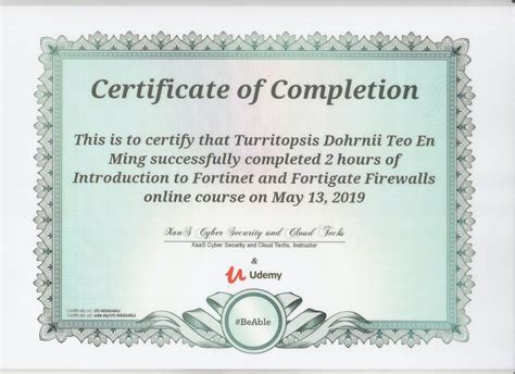 Udemy Certificate of Completion for Introduction to Fortinet and ...