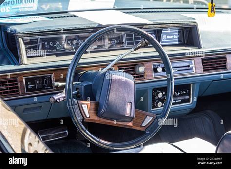 An interior view of an Oldsmobile 98 with a dashboard - a vintage ...